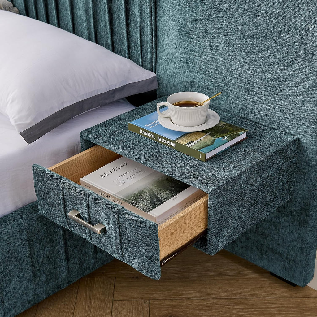 King Size Upholstered Platform Bed Frame with Headboard & Built-in Nightstand, Luxury Bed Frame for Modern Bedroom Sets, No Box Spring Needed, Stable & Adjustable Lighting(Blue-Green)
