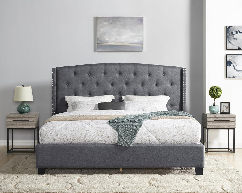 Roundhill Furniture Belize 3-Piece Upholstered Bedroom Set, Tufted Wingback Bed with Two Gray Nightstands, Queen