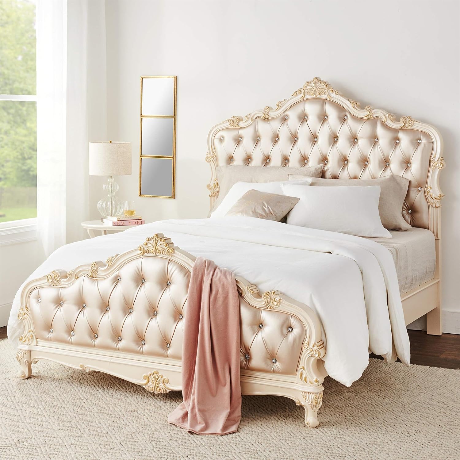 Acme Chantelle Queen Bed in Rose Gold PU & Pearl White