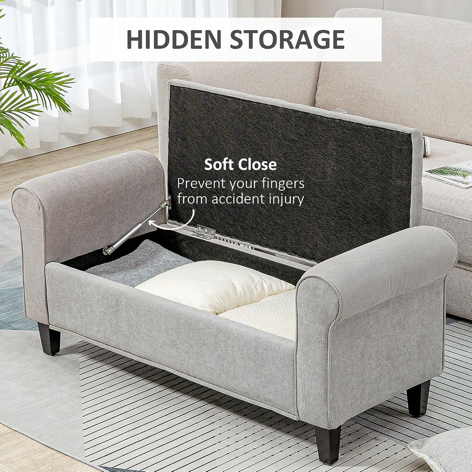 50' Storage Ottoman Bench, Upholstered End of Bed Bench with Rolled Arms, Wood Legs, Button Tufted Storage Bench with Safety Hinges for Living Room, Entryway, Bedroom, Gray