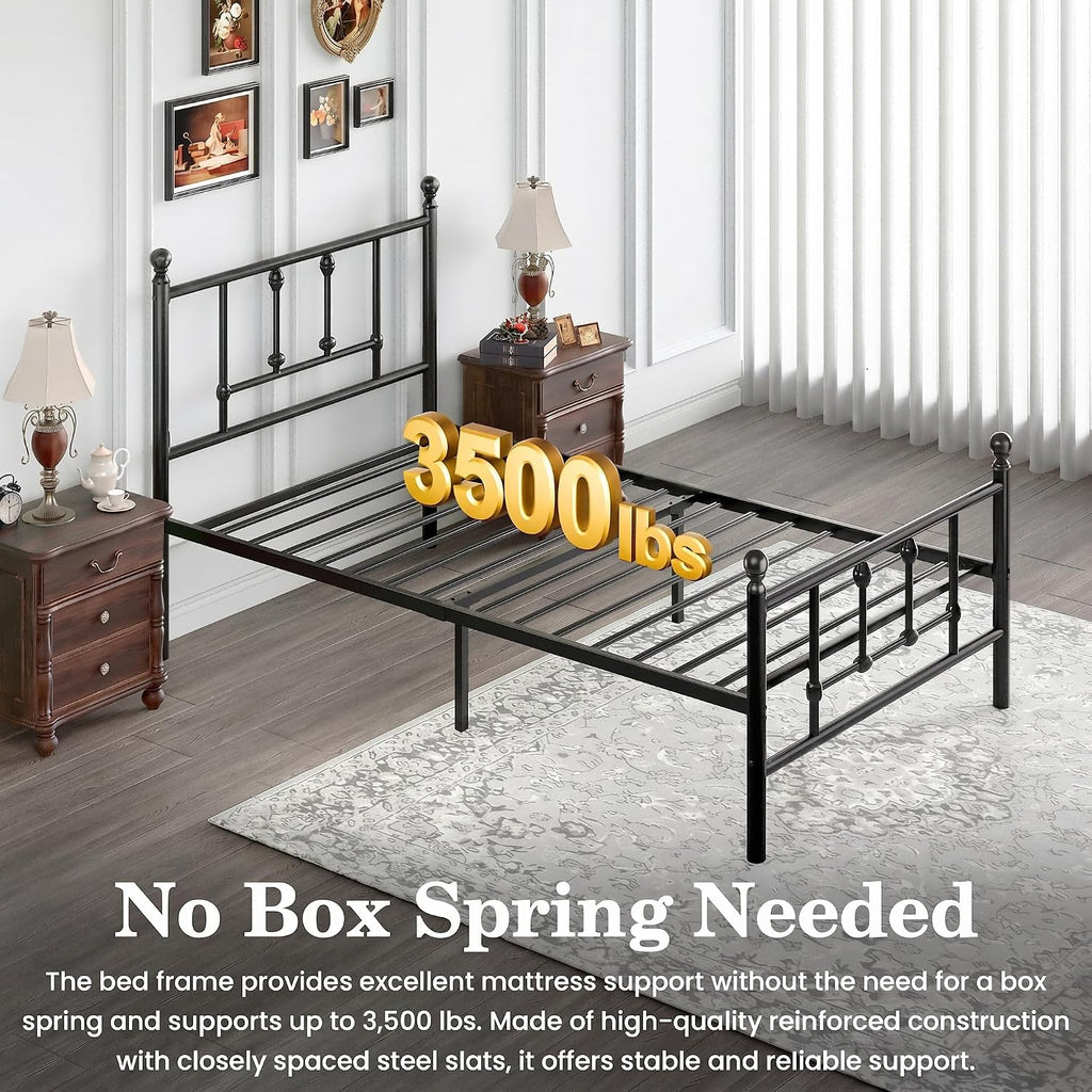 LEVELEVE 14 Inch Twin Size Victorian Vintage Metal Platform Bed Frame with Headboard and Footboard, Underbed Storage, No Box Spring Needed, Easy Assembly, Black