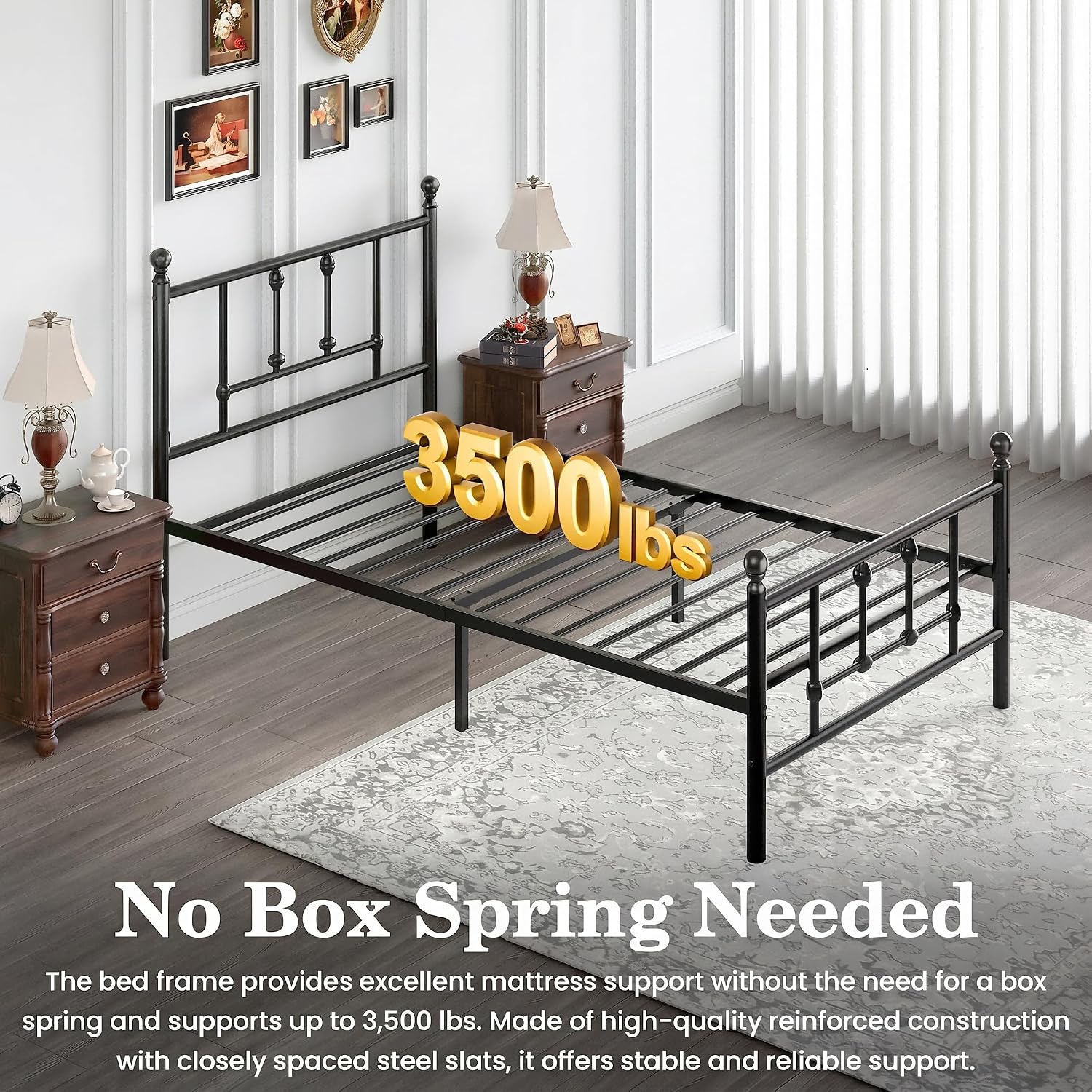 LEVELEVE 14 Inch Twin Size Victorian Vintage Metal Platform Bed Frame with Headboard and Footboard, Underbed Storage, No Box Spring Needed, Easy Assembly, Black