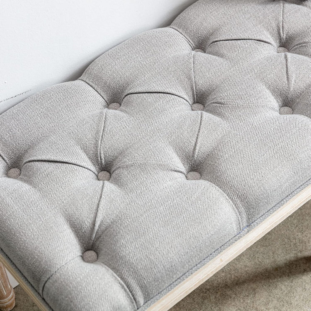 Farmhouse Dining Bench 45' Long Vintage Tufted Bench with Wood Legs Upholstered Entryway Bench Fabric End of Bed Bench for Bedroom Living Room Hallway, Grey