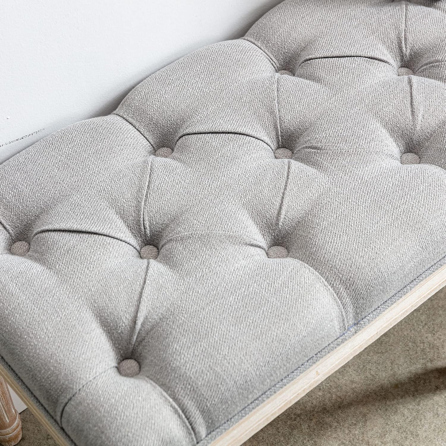 Farmhouse Dining Bench 45' Long Vintage Tufted Bench with Wood Legs Upholstered Entryway Bench Fabric End of Bed Bench for Bedroom Living Room Hallway, Grey
