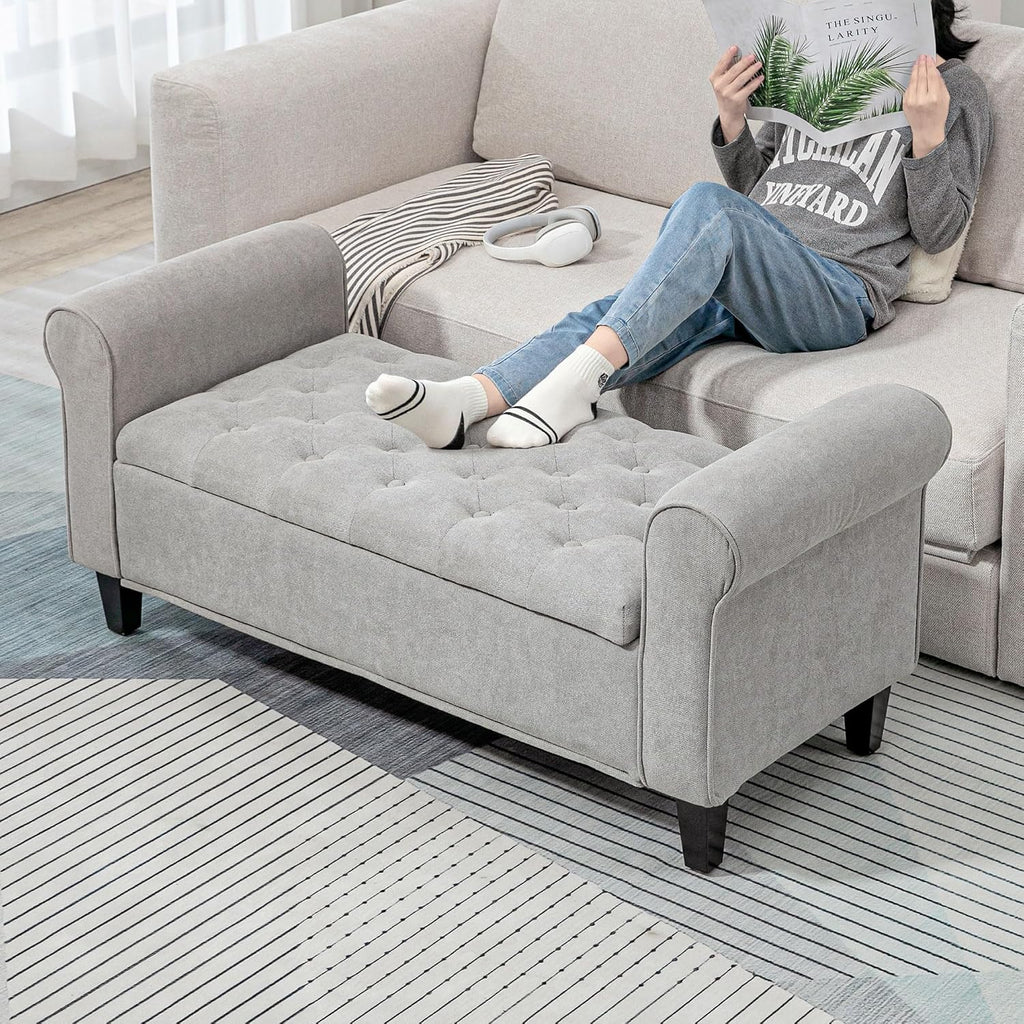 50' Storage Ottoman Bench, Upholstered End of Bed Bench with Rolled Arms, Wood Legs, Button Tufted Storage Bench with Safety Hinges for Living Room, Entryway, Bedroom, Gray