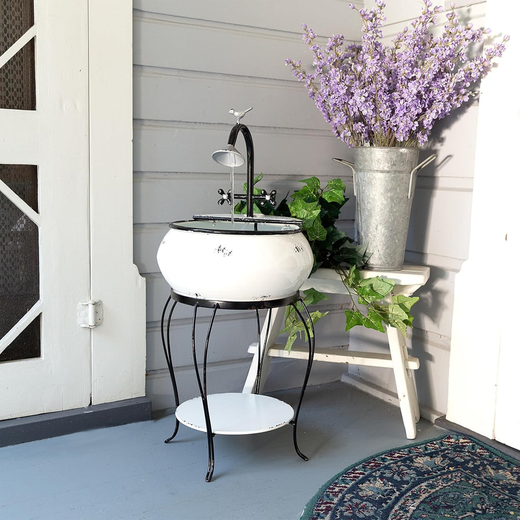 Alpine Corporation YHL170 32' Indoor/Outdoor Antique Metal Sink Water Fountain with Stand – Charming Waterfall Feature for Garden, Patio & Home Decor, White