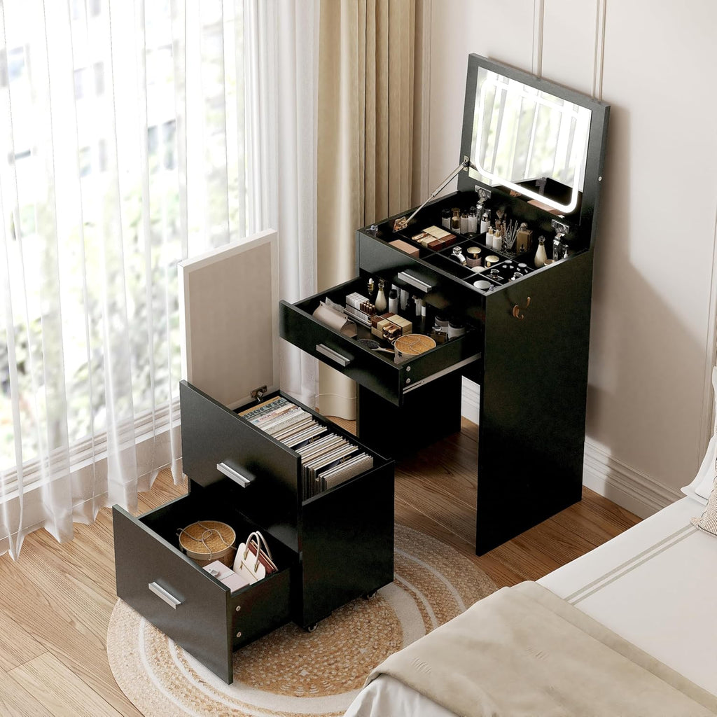 Compact Vanity with 3 Drawers, 3 in 1 Vanity Desk, Makeup Desk with Flip-up 3 Colors Lighting Mirror and Cushioned Stool, Small Vanities Nightstand Perfect for Bedroom, Black