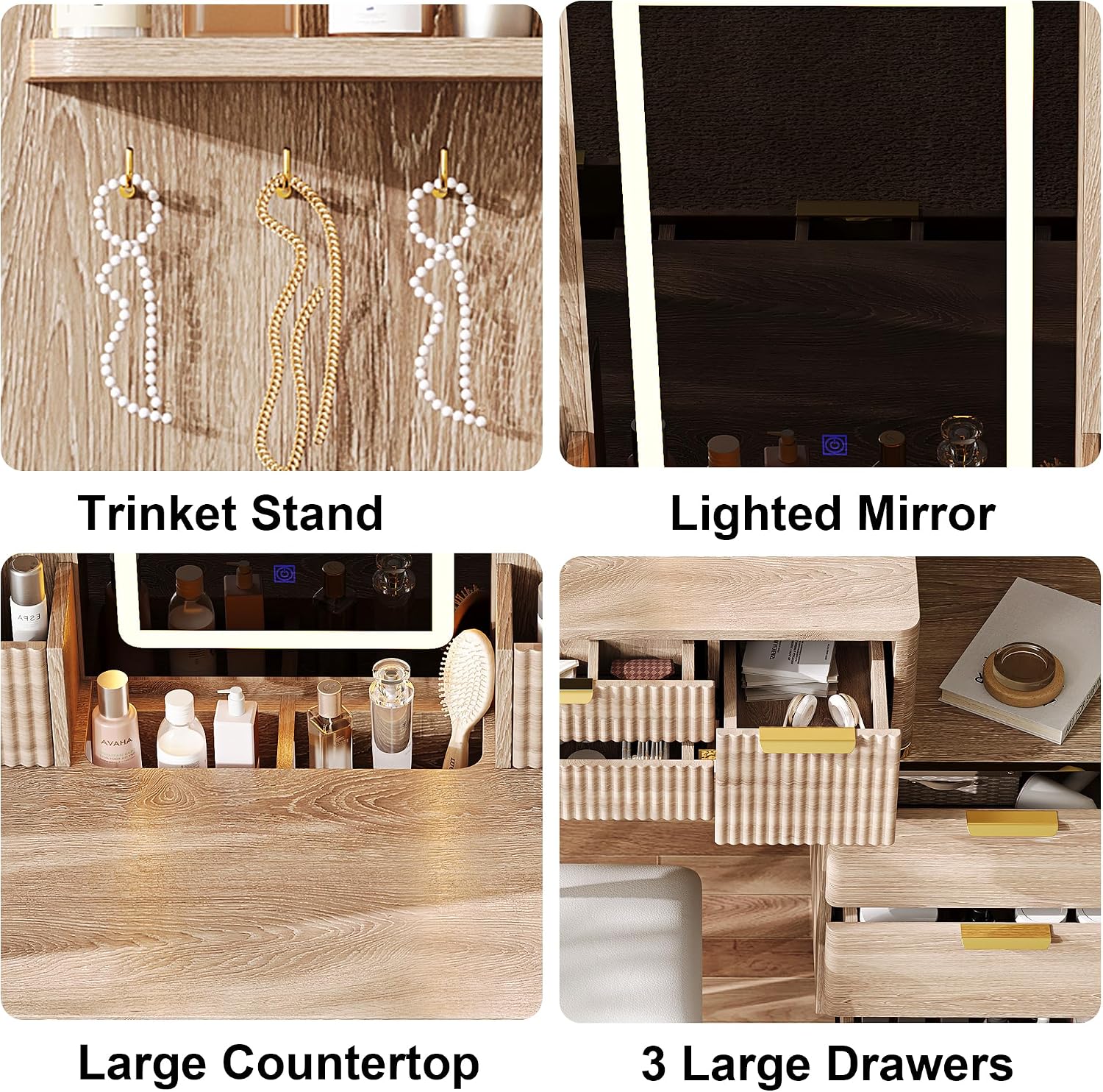 Vanity Desk with LED Mirror Lights, 4 Drawers & Jewelry Storage, Makeup Vanity Set with Metal Legs and PU Stool, Dressing Table for Bedroom Girls, Yellow Brown