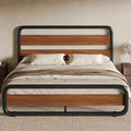 SHA CERLIN Full Size Metal Bed Frame with Wooden Headboard and Footboard, Heavy Duty Platform Frame with Under-Bed Storage, Noise Free, No Box Spring Needed, Vintage Walnut