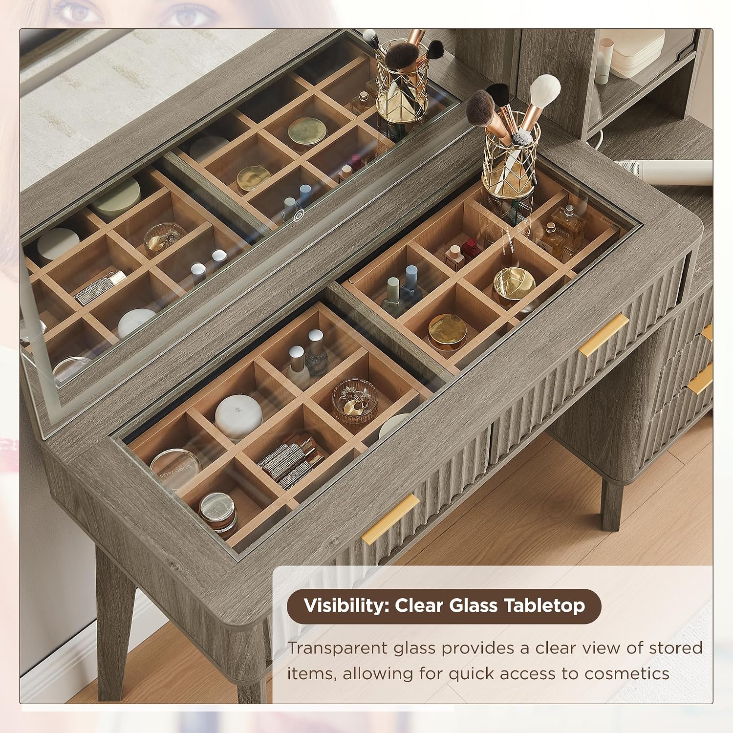 T4TREAM 48' Fluted Makeup Vanity Desk with Large 36' Mirror and Lights, Modern Glass Top Big Vanity Table w/5 Drawers & Adjustable Shelves, Dressing Table w/Charging Station for Bedroom, Brown Alder
