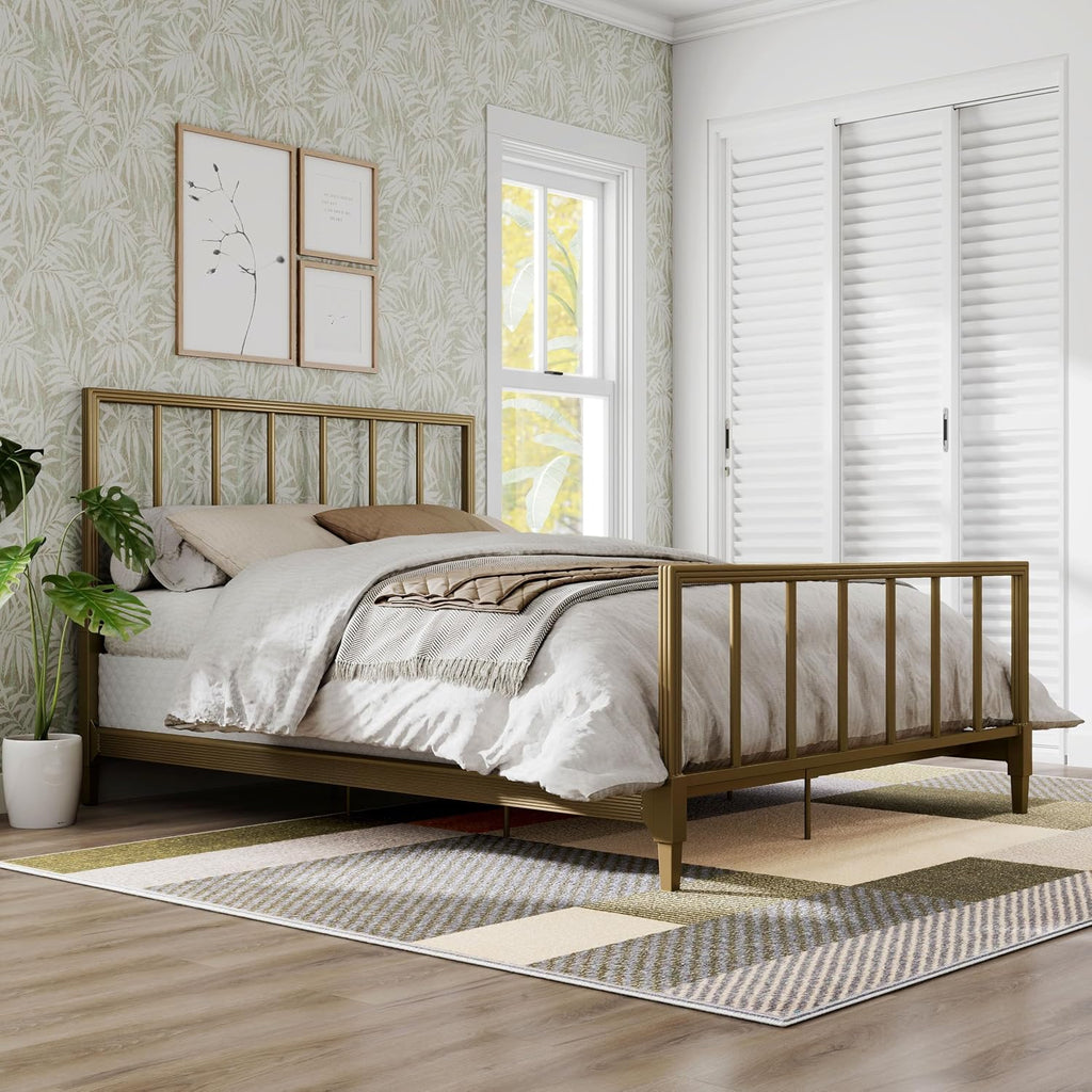 Furniture of America Blair Modern Metal Queen Size Bed Frame with Subtle Reeded Lines, Sturdy Bedframe for Bedroom, Guest Room, Box Spring Required, Gold