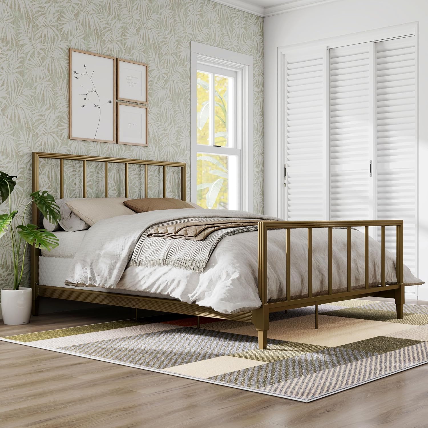 Furniture of America Blair Modern Metal Queen Size Bed Frame with Subtle Reeded Lines, Sturdy Bedframe for Bedroom, Guest Room, Box Spring Required, Gold