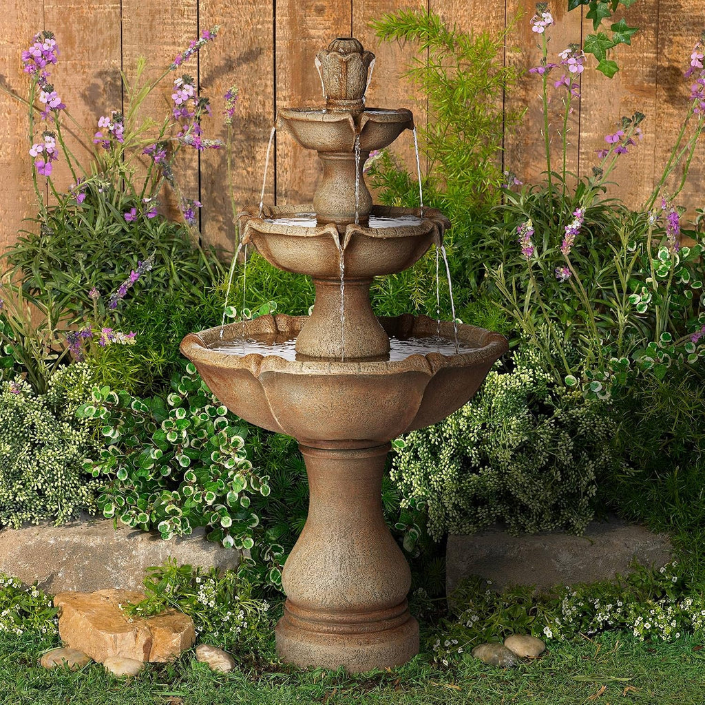 Arosco Modern Rustic Outdoor Floor Water Fountain with Light LED 43' High 3-Tiered Resin for Garden Patio Yard Deck Home Lawn Porch House Relaxation Exterior - John Timberland