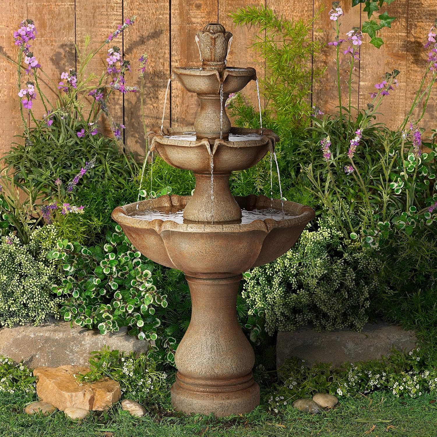 Arosco Modern Rustic Outdoor Floor Water Fountain with Light LED 43' High 3-Tiered Resin for Garden Patio Yard Deck Home Lawn Porch House Relaxation Exterior - John Timberland