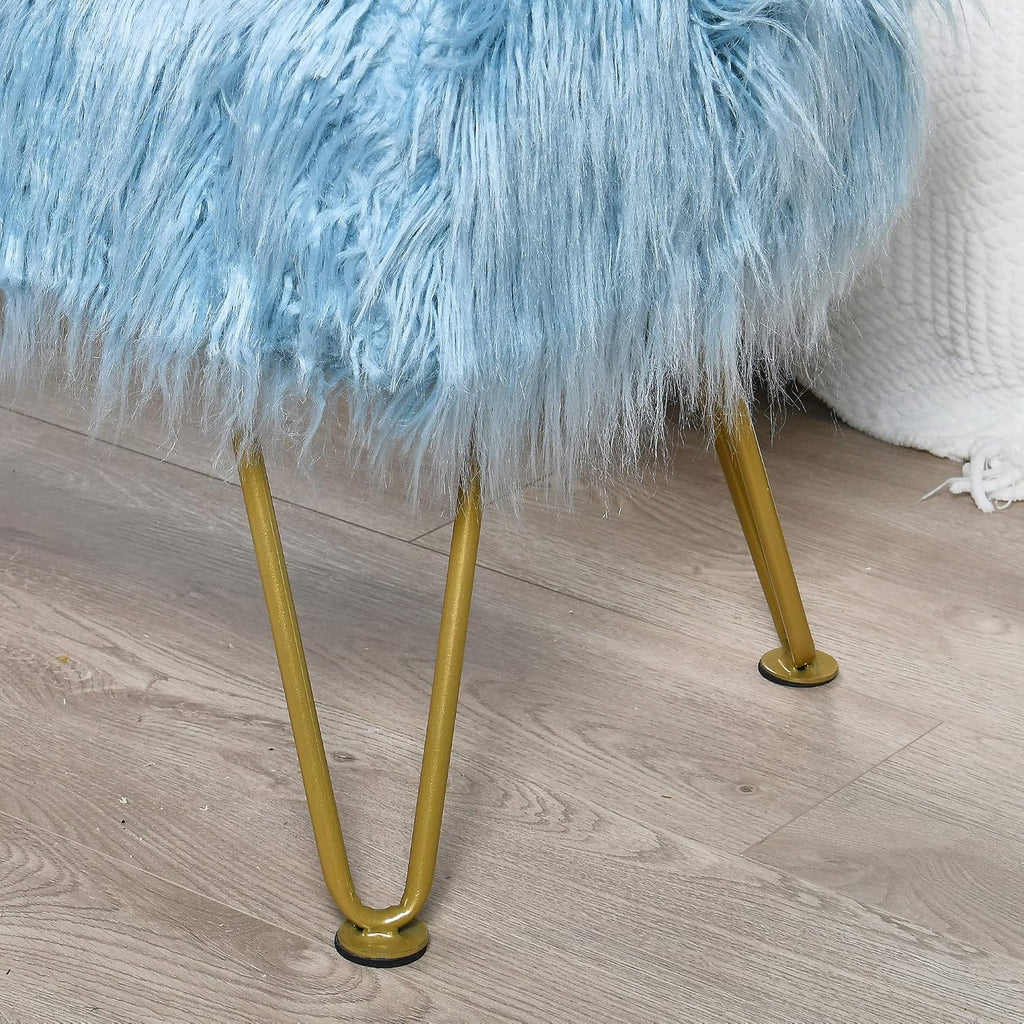 Blue Soft Plush Faux Fur Ottoman Entryway Bench Furry Footrest Stool 46'x16'x17' Sturdy Accent Long Bench for Bedroom End of Bed Vanity Closet Fuzzy Coffee Table for Living Room with Gold Legs