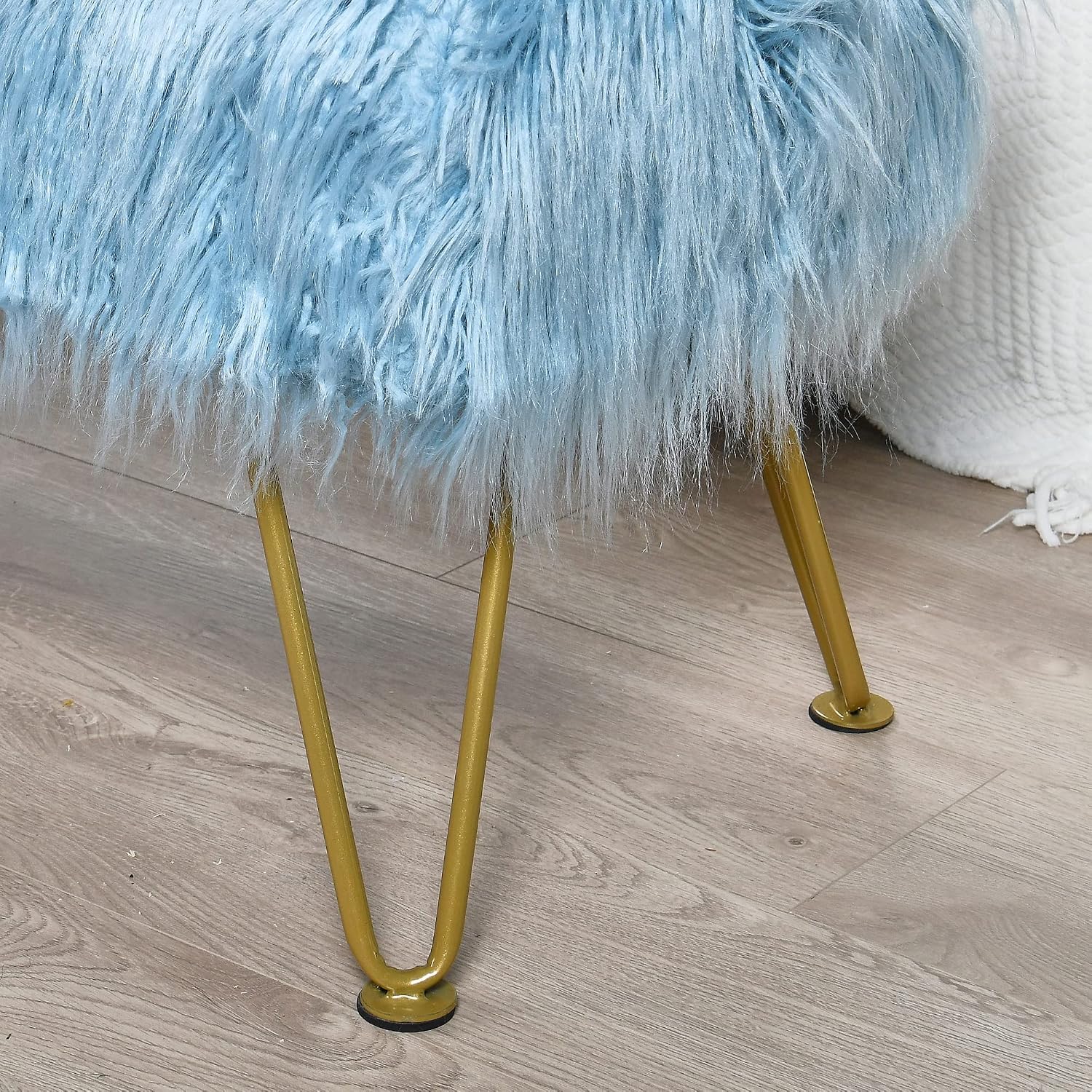 Blue Soft Plush Faux Fur Ottoman Entryway Bench Furry Footrest Stool 46'x16'x17' Sturdy Accent Long Bench for Bedroom End of Bed Vanity Closet Fuzzy Coffee Table for Living Room with Gold Legs