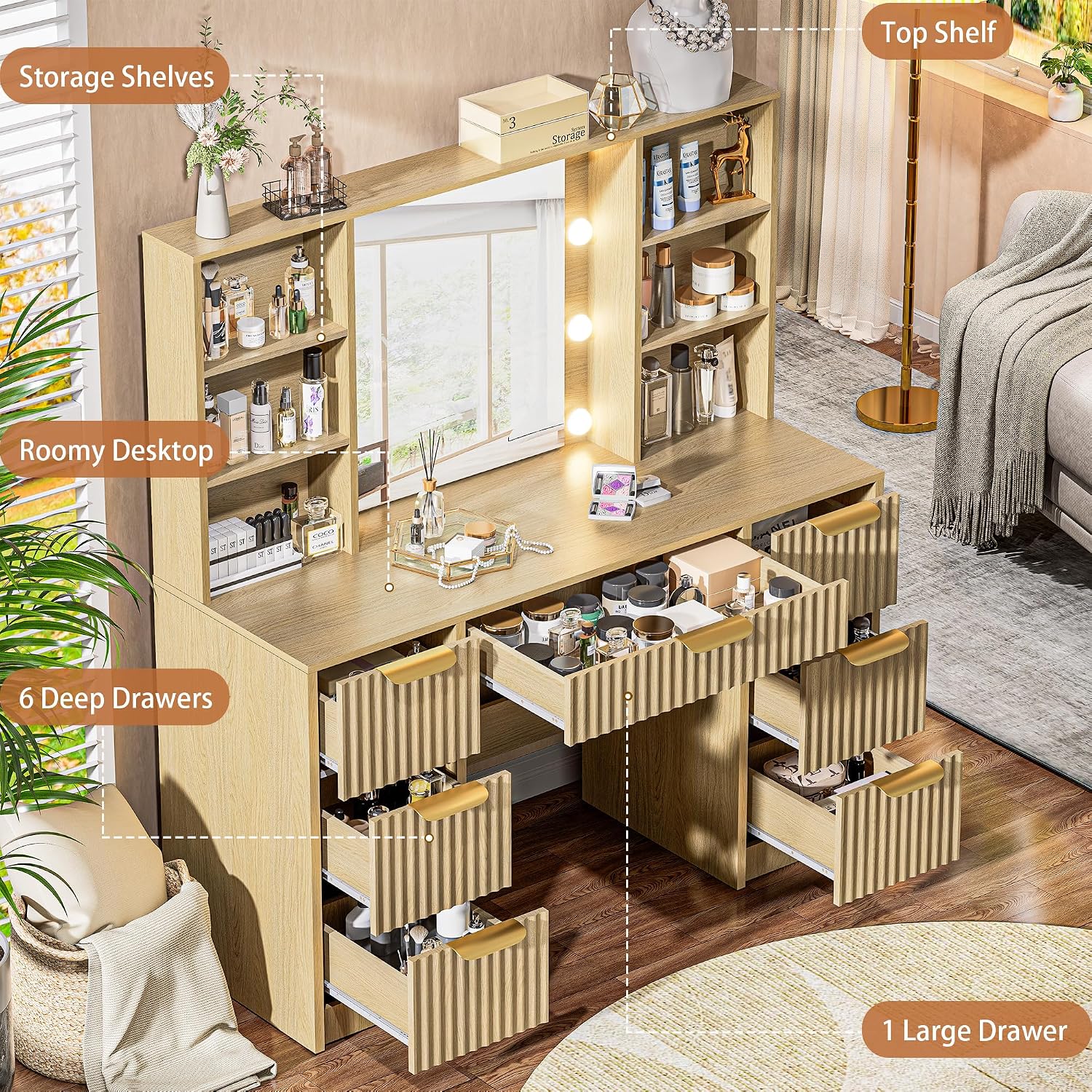 Fluted Vanity Desk with Mirror and 10 Adjustable LED Lights, Modern Makeup Desk with 7 Drawers & 6 Shelves, Dressing Table with Charging Station for Girls, Women, Bedroom, Natural Oak