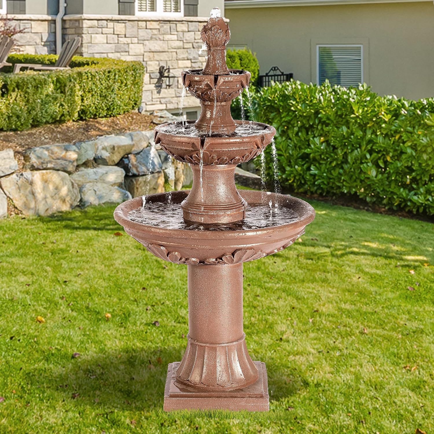 TITIMO 48' High Italian Feature Freestanding Water Fountain Outdoor and Indoor,3-Tier Roman Pillar Waterfalls Fountains for Garden,Patio,Yard,Deck,Backyard,Porch (Brown)