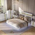 Furniture of America Ansten Modern Wood 6-Piece Platform Bedroom Set with Gold Trim, Underbed LED, Dust Proof Cases, Bracketed Metal Legs, No Box Spring Needed, Twin, White