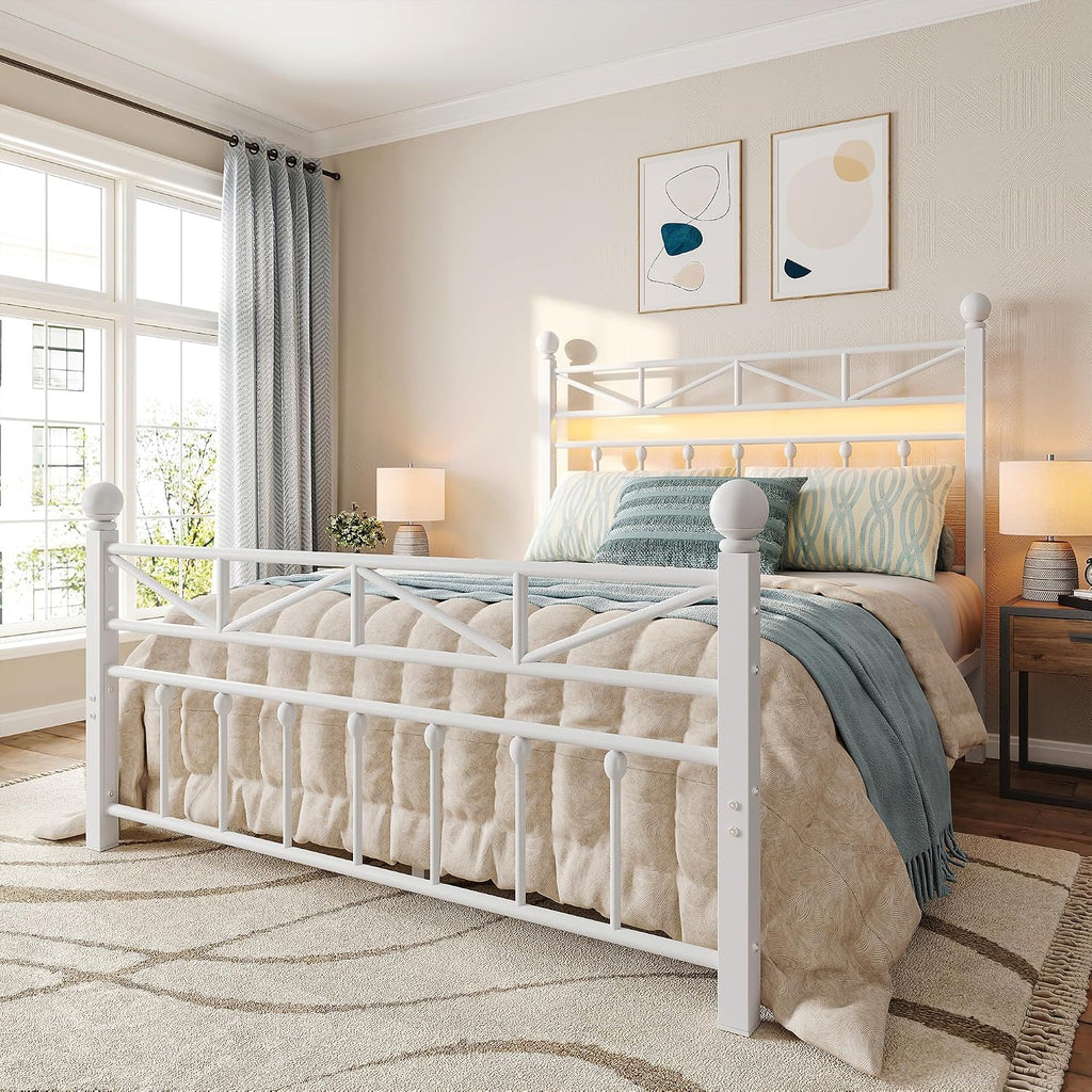 EnHomee 14.2' Metal Full Size Bed Frame with Tall Headboard & Footboard, LED Light Full Bed Frame, Strong Metal Slats Support and Noise-Free Design with Under Bed Storage/No Box Spring Needed/White