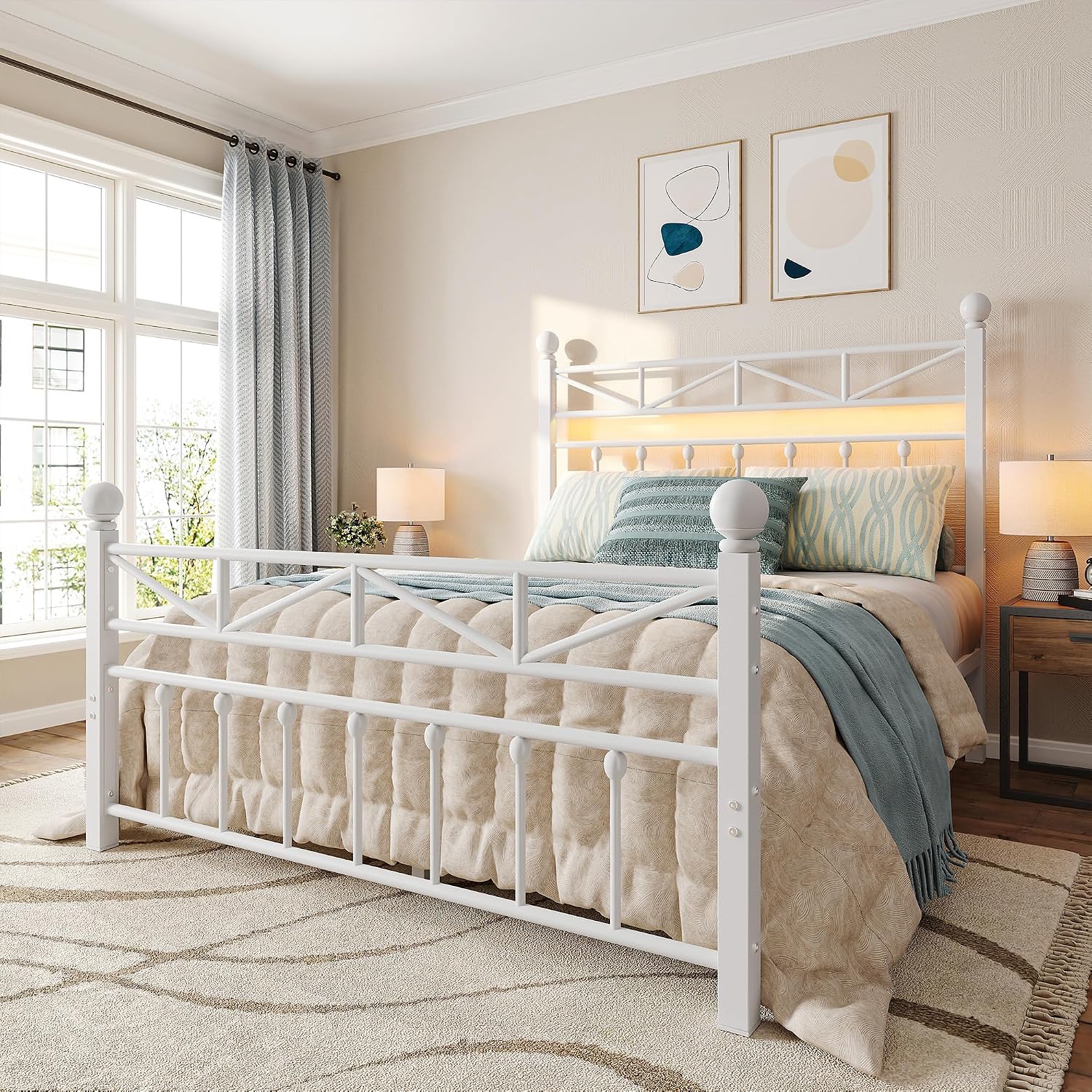 EnHomee 14.2' Metal Full Size Bed Frame with Tall Headboard & Footboard, LED Light Full Bed Frame, Strong Metal Slats Support and Noise-Free Design with Under Bed Storage/No Box Spring Needed/White