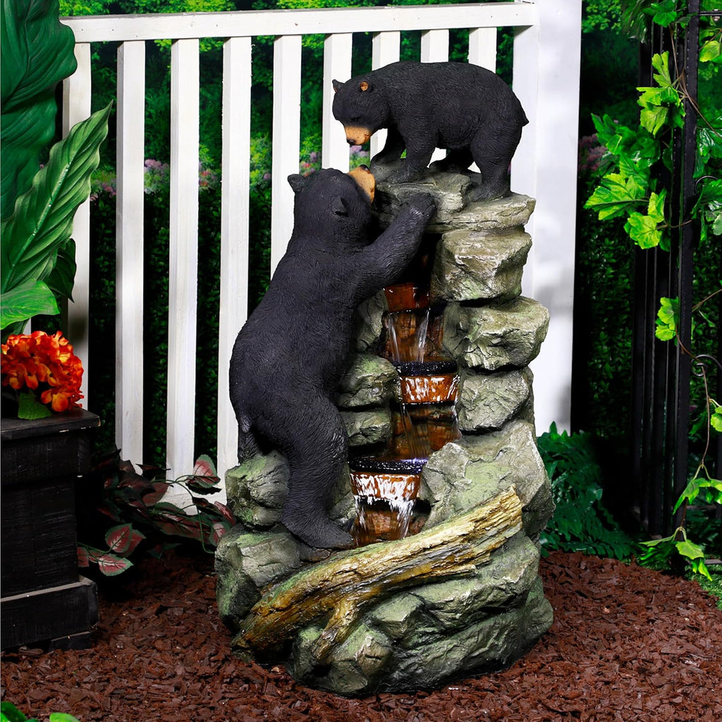 Alpine Corporation 36' Tall Indoor/Outdoor 2 Bears Climbing Rainforest Water Fountain with LED Lights, Cascading Wildlife Water Feature for Garden, Patio, and Home Decor, Brown