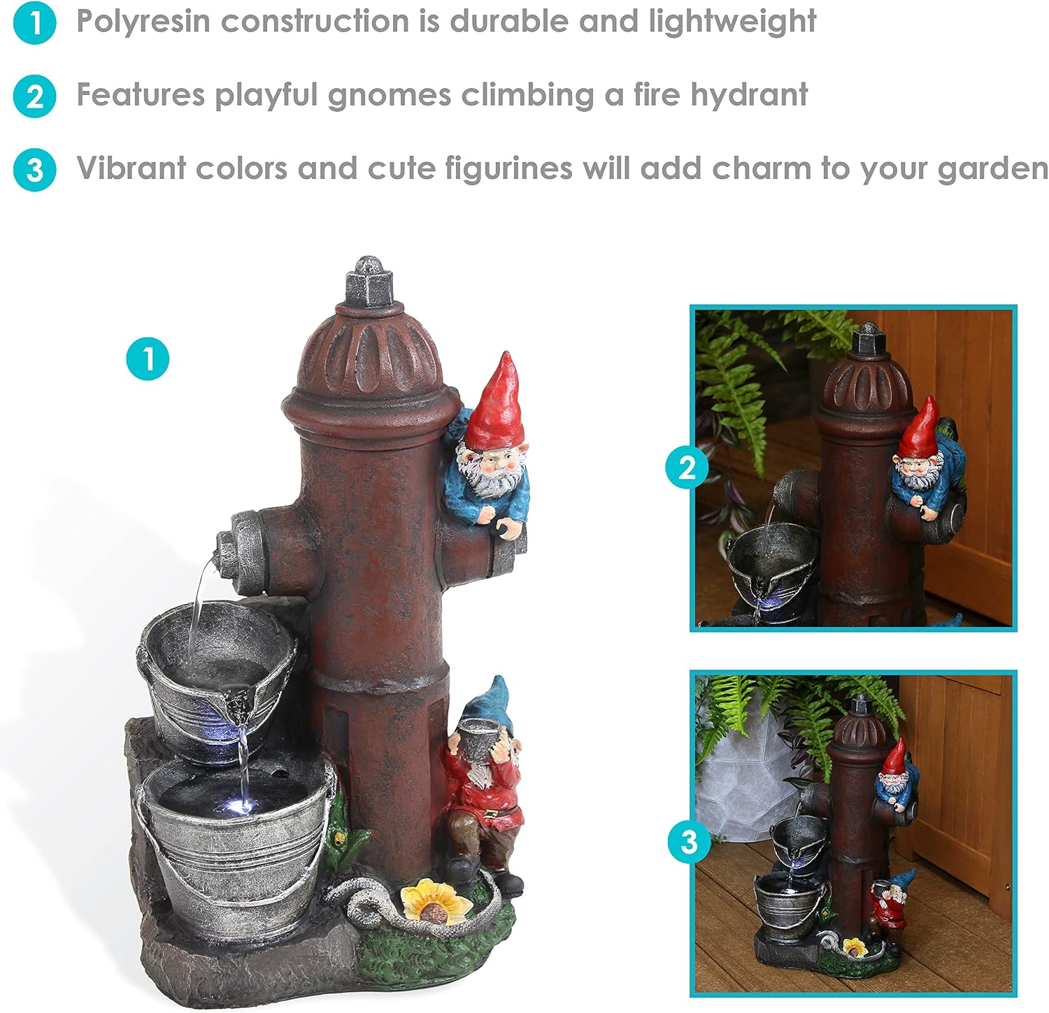 Sunnydaze Fire Hydrant Gnomes 16-Inch Outdoor Water Fountain with LED Light - Submersible Electric Pump - Polyresin