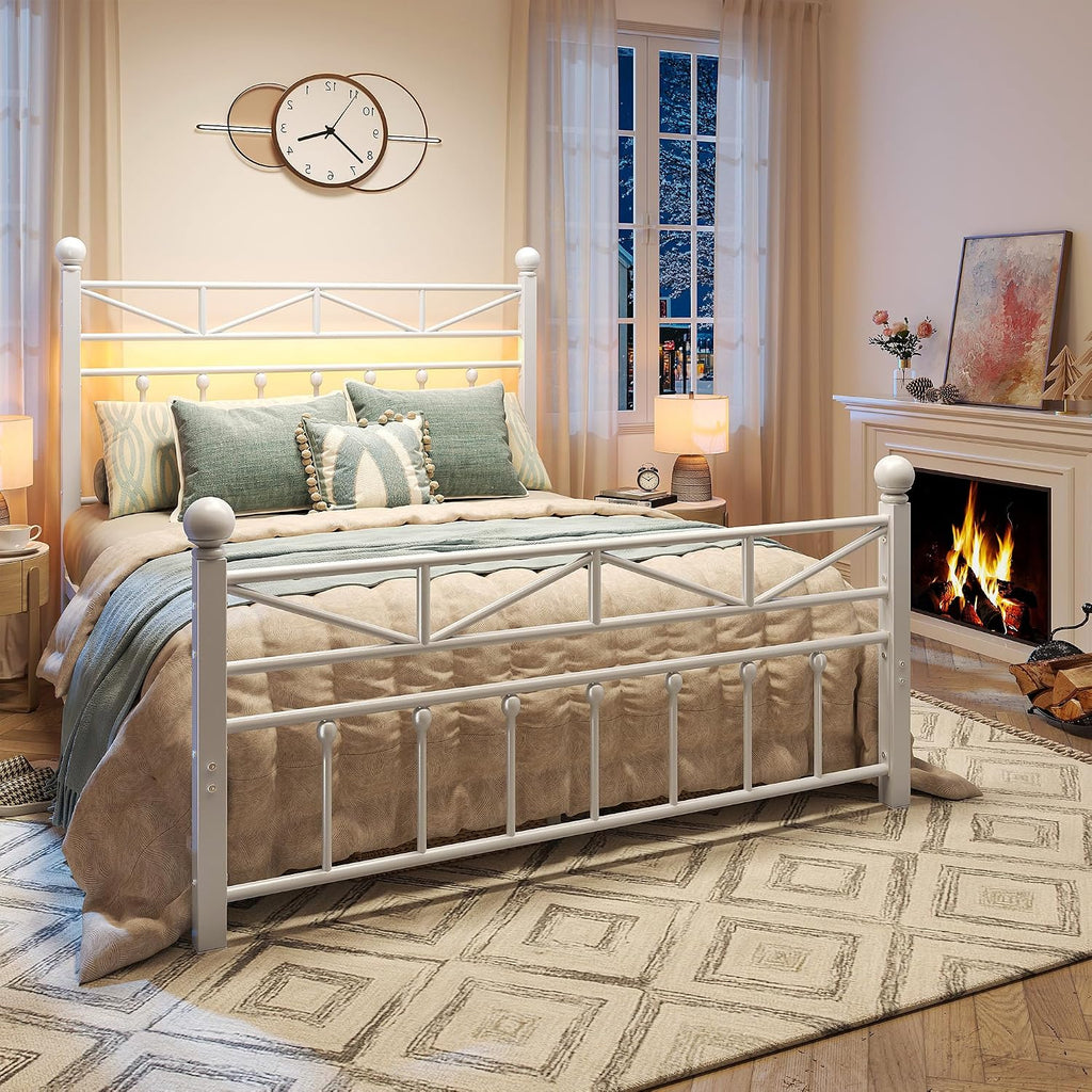 EnHomee 14.2' Metal Full Size Bed Frame with Tall Headboard & Footboard, LED Light Full Bed Frame, Strong Metal Slats Support and Noise-Free Design with Under Bed Storage/No Box Spring Needed/White