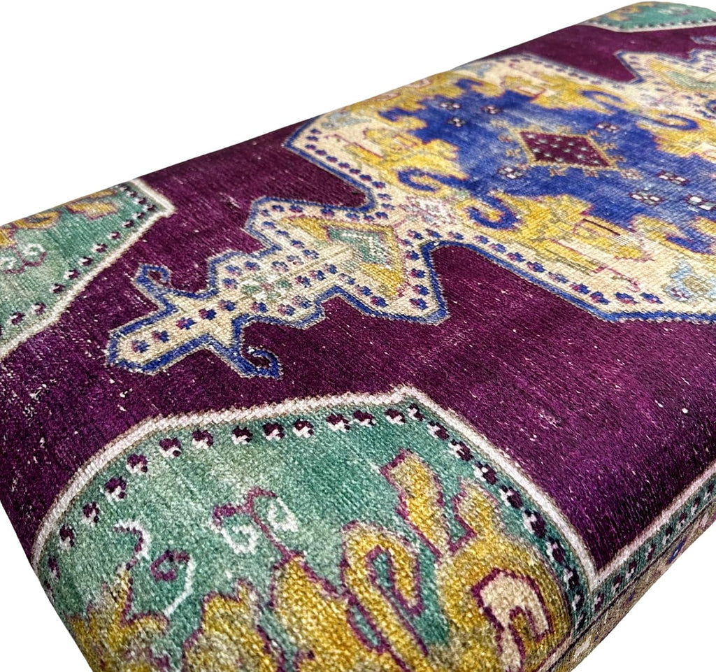 Boho Rug Upholstered Ottoman Bench, Piano Bench, Decorative Purple Ottoman Bench, Wood Bedroom Vanity Bench, Entryway Footstool Bench, Kitchen Dining Bench, (18x18X36, Purple Oushak)