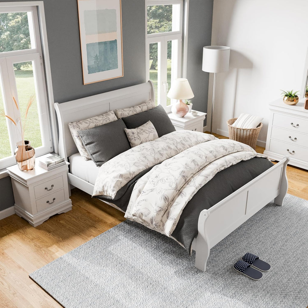 Furniture of America Louis Philippe Traditional Solid Wood 3 Piece Bedroom Set, Queen Bed Frame and Nightstands Set of 2, Sleigh Design Bedframe with Headboard and Footboard, Box Spring Needed, White