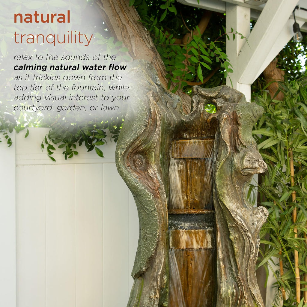 Alpine Corporation TVH156 79' Outdoor Floor Cascading Tree Trunk Water Fountain with LED Lights, Waterfall with Lights, Brown