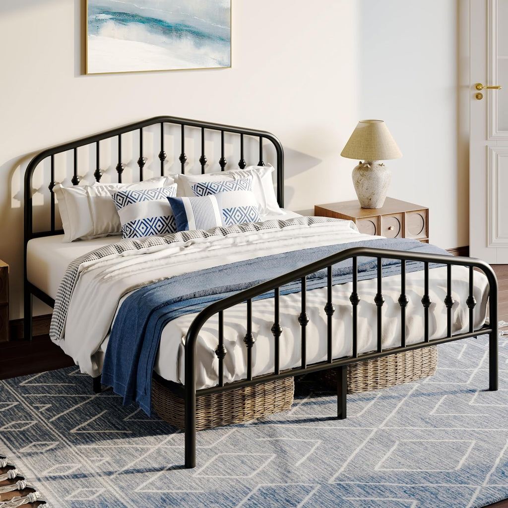 WEEWAY Full Size Metal Platform Bed Frame with Vintage Style Wrought Iron Headboard and Footboard,No Box Spring Needed,Easy Assembly, Black