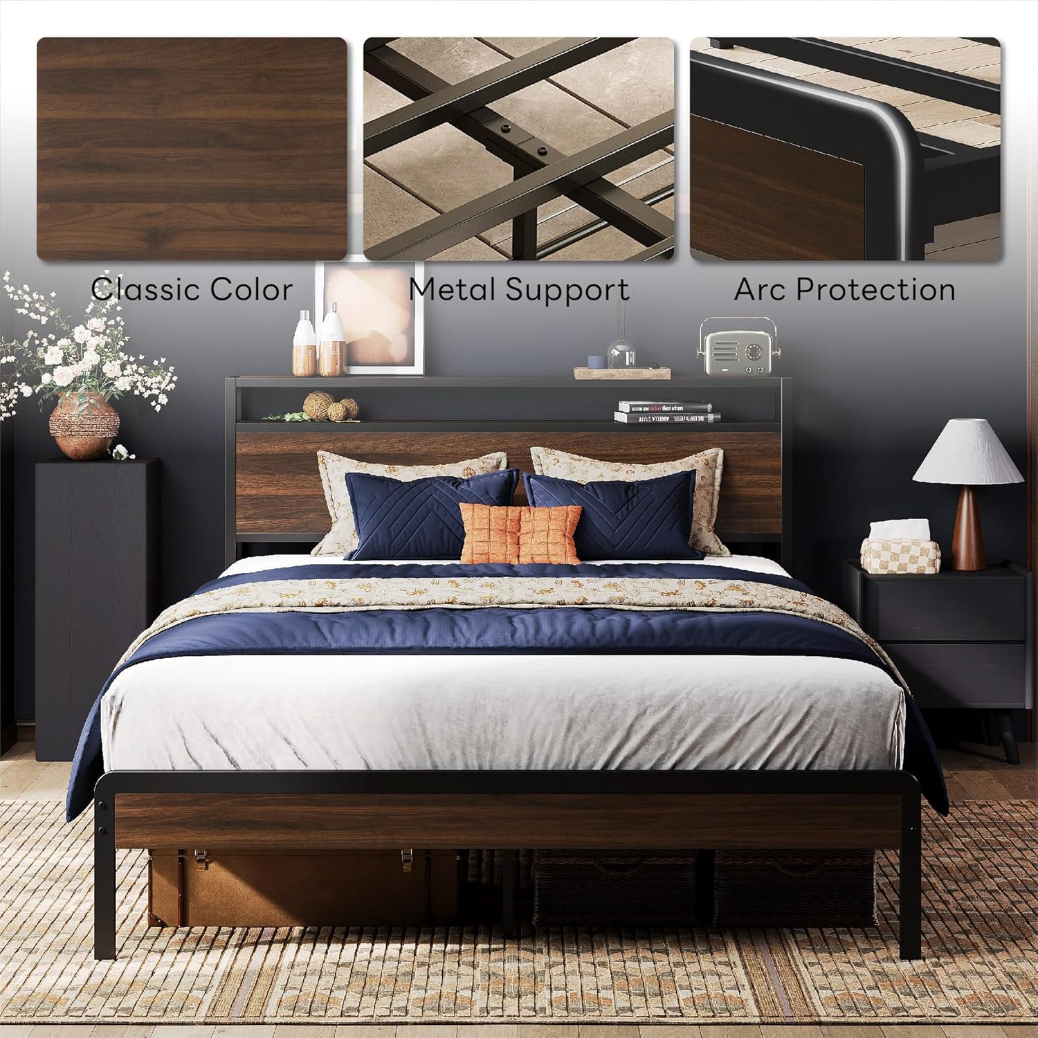 LIKIMIO Full Bed Frame with Headboard, Dark Wood Camas Full with Strong Supports, Sturdy, Noise-Free, No Box Spring Needed, Dark Walnut