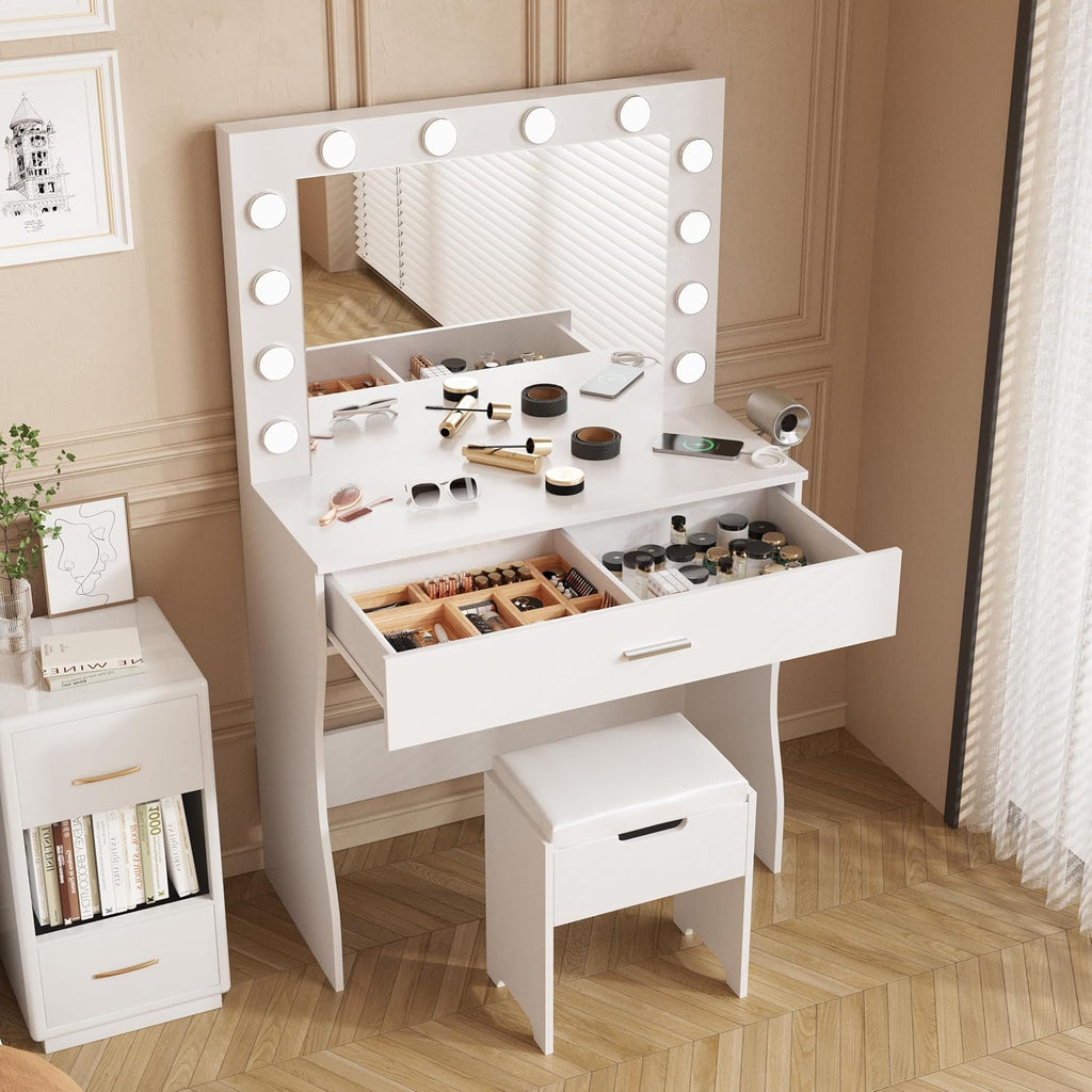 Halitaa Vanity Desk with Lights, Makeup Vanity Desk with Lighted Mirror and Charging Station, ，3 Lighting Modes Adjustable Brightness,Makeup Vanity Set with Cushioned Chair