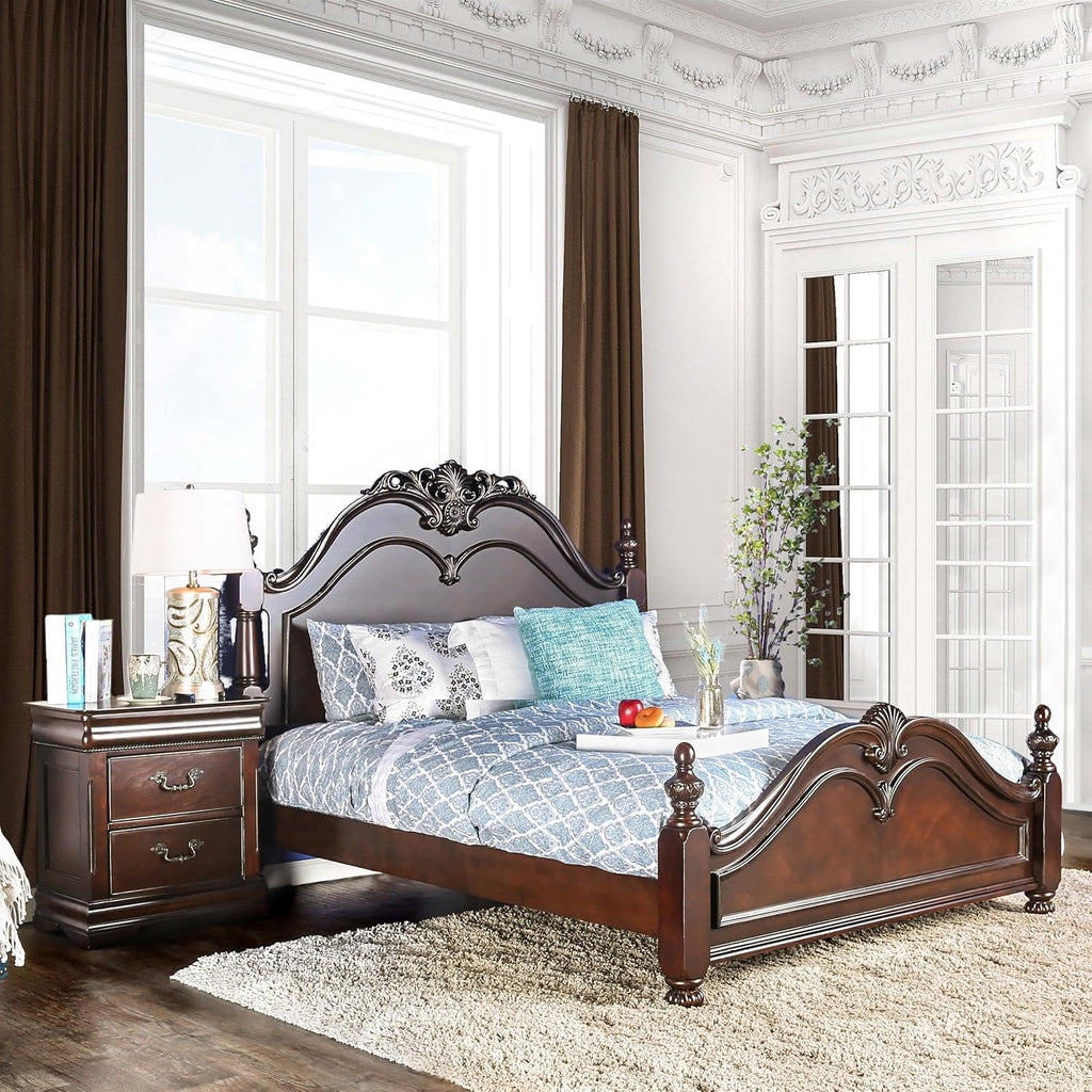 Furniture of America FOA Ruben 2pc Cherry Solid Wood Panel Bedroom Set - Cal King + Nightstand