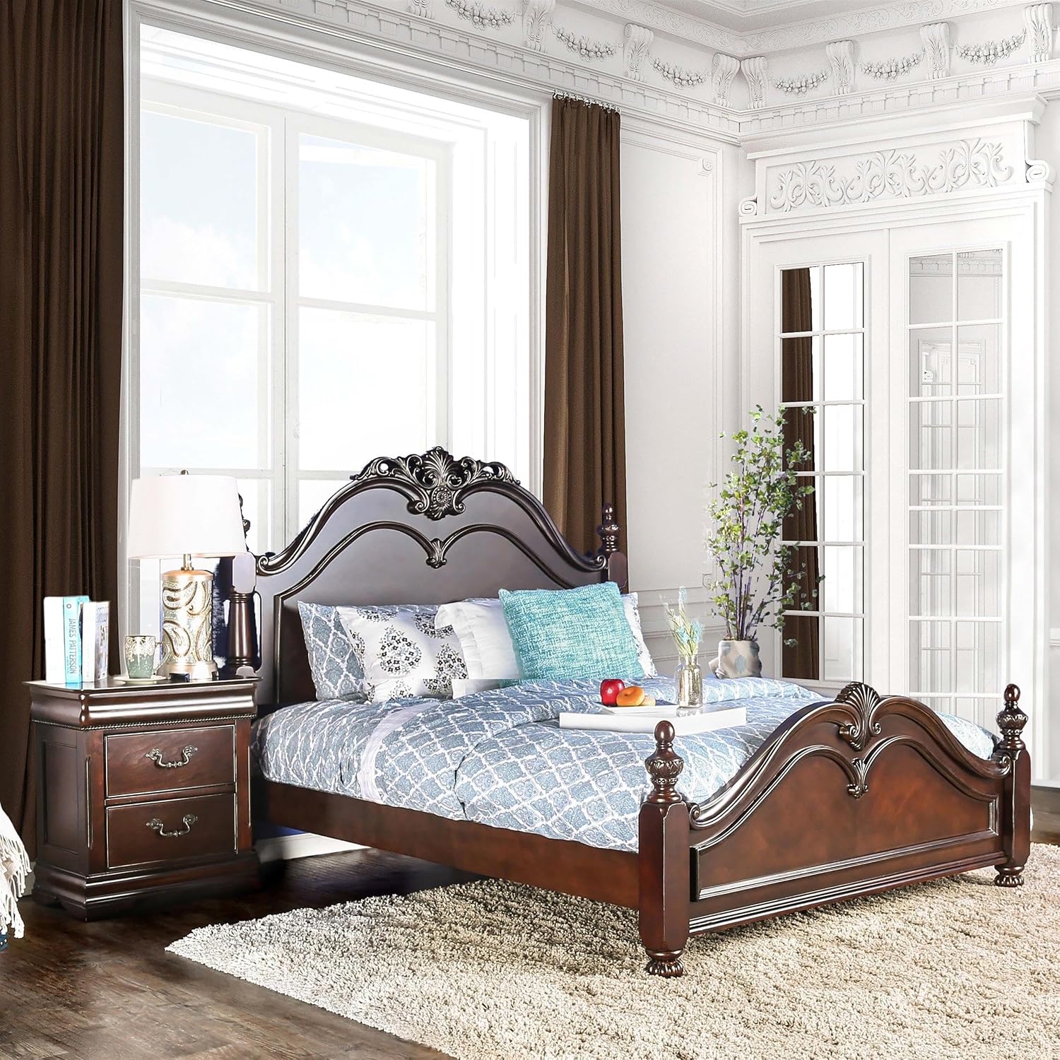 Furniture of America FOA Ruben 2pc Cherry Solid Wood Panel Bedroom Set - Cal King + Nightstand