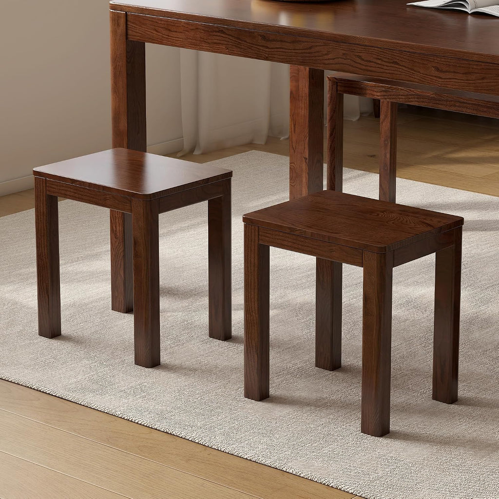 100% Solid Wood Stool, Walnut Oak Wood Ottoman Footrest Stool Vanity Chair Bench Seat for Entryway Dining Bedroom Makeup (Walnut no Cushion, 2)