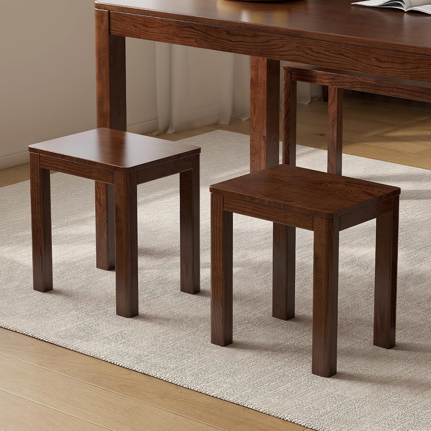 100% Solid Wood Stool, Walnut Oak Wood Ottoman Footrest Stool Vanity Chair Bench Seat for Entryway Dining Bedroom Makeup (Walnut no Cushion, 2)