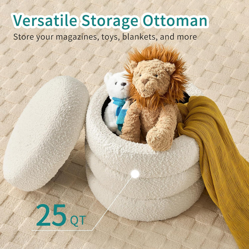 Busaurus Round Ottoman with Storage for Living Room Small Boucle Foot Stool Modern Upholstered Vanity Stool Ottoman Foot Rest for Dorm Corner Home Decor, Set of 2 (White)
