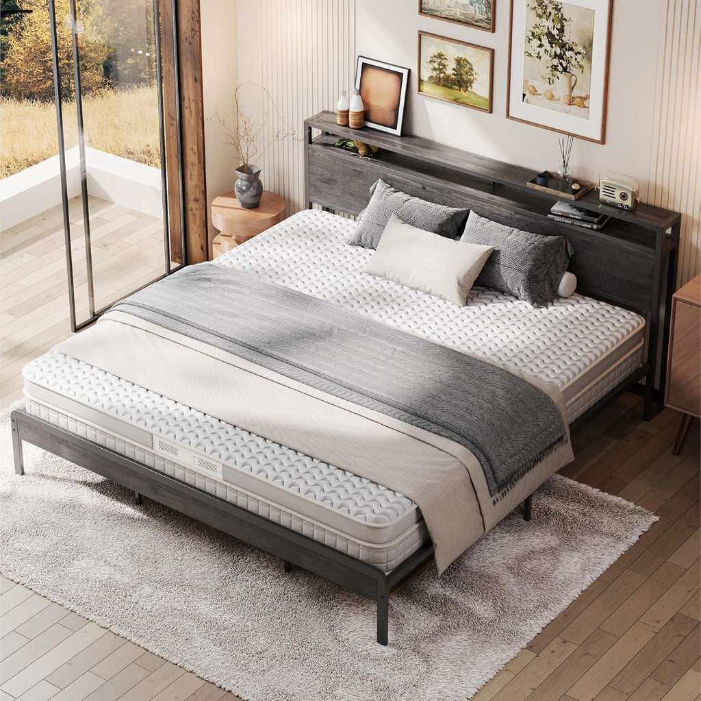 LIKIMIO King Bed Frame with Headboard, Dark Wood Camas King with Strong Supports, Sturdy, Noise-Free, No Box Spring Needed, Grey