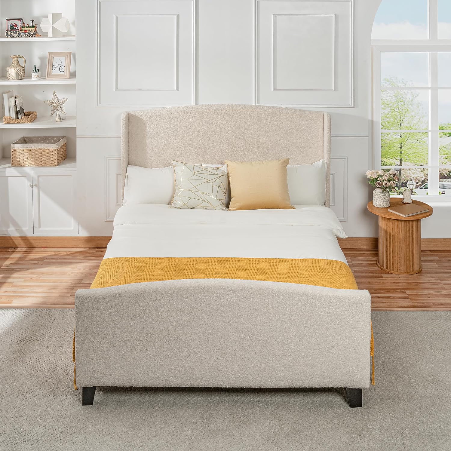 KEIKI Queen Size Velvet Upholstered Platform Bed, Metal Bed Frame w/Tall Wingback Headboard, Modern Solid Bedframe Queen-Size, Wood Slat Support, No Box Spring Needed, Easy Assembly, Ivory
