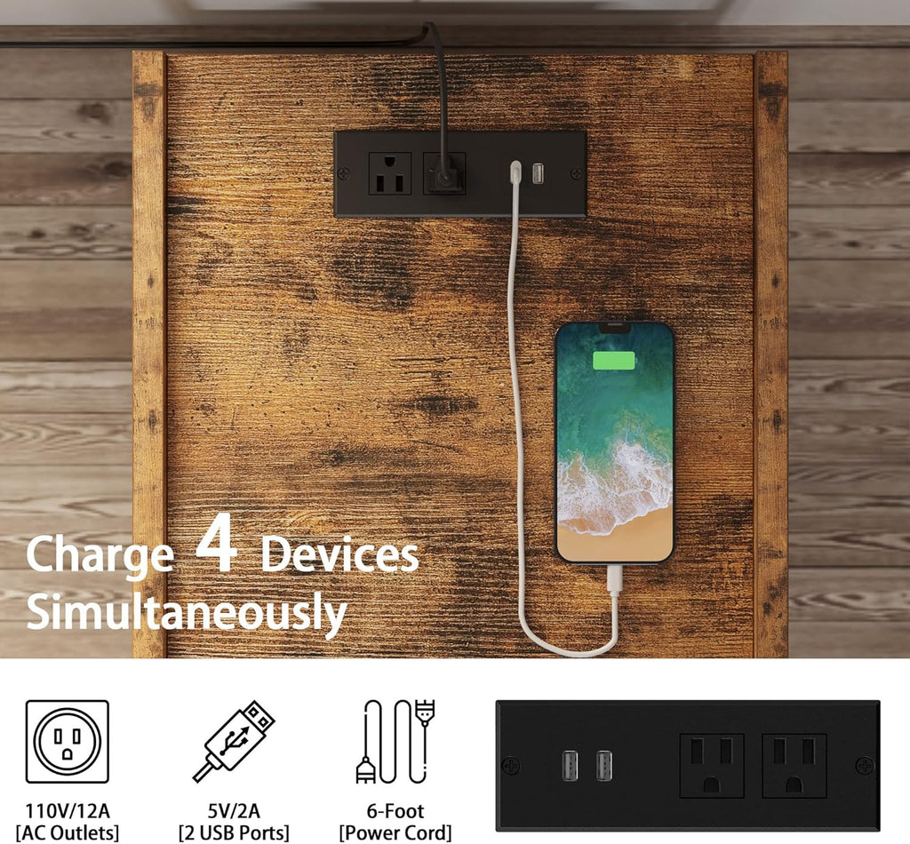 LIKIMIO King Bed Frame with Storage Headboard and Charging Station, Set of 2 Nightstands with Drawers, Shelves and Charging Stations, Vintage Brown