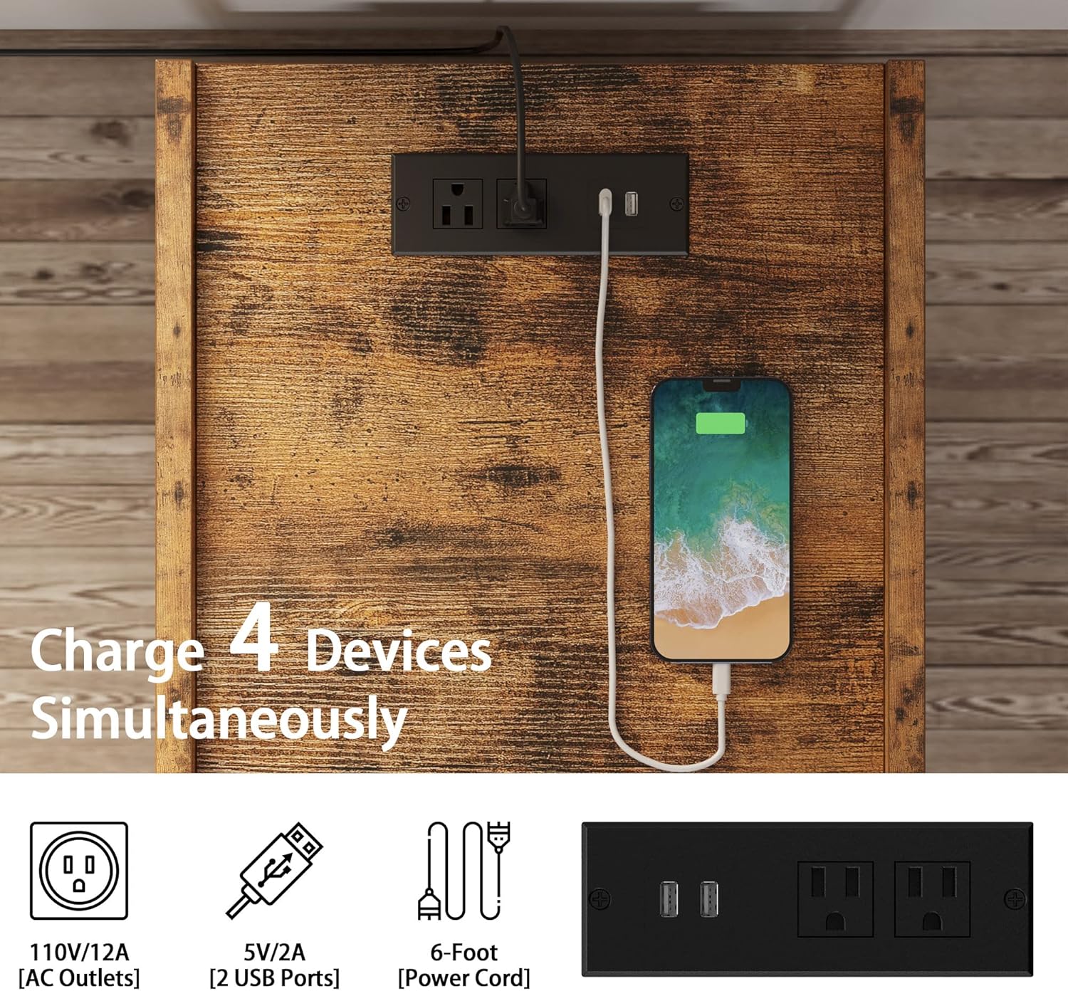 LIKIMIO King Bed Frame with Storage Headboard and Charging Station, Set of 2 Nightstands with Drawers, Shelves and Charging Stations, Vintage Brown