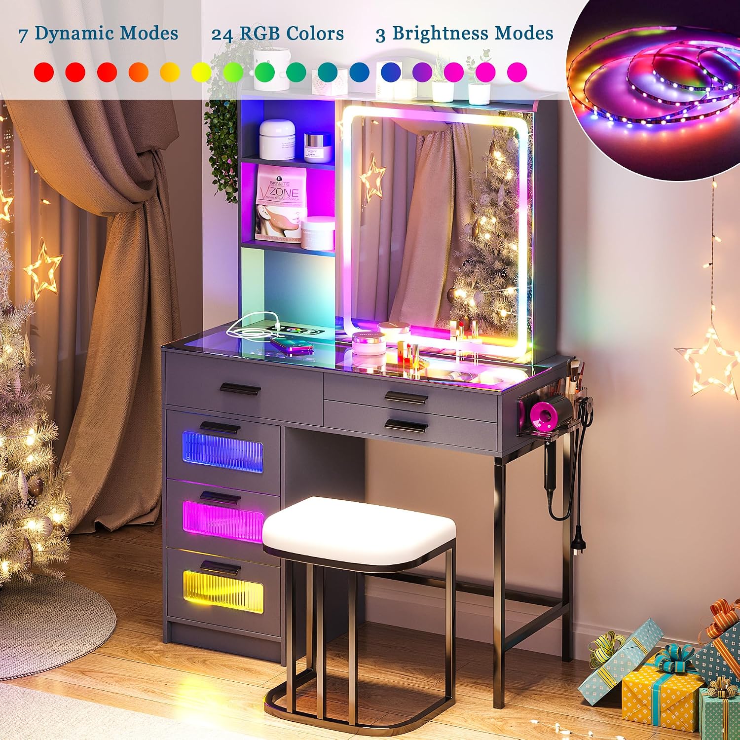 WOOVIVS Glass Top Vanity with LED Mirror, 6 Drawer Dresser with Charging Station for Bedroom, Small Makeup Vanitys Table with RGB Light, Vanity Set with Chair,Jewelry Organizer for Girls-Grey
