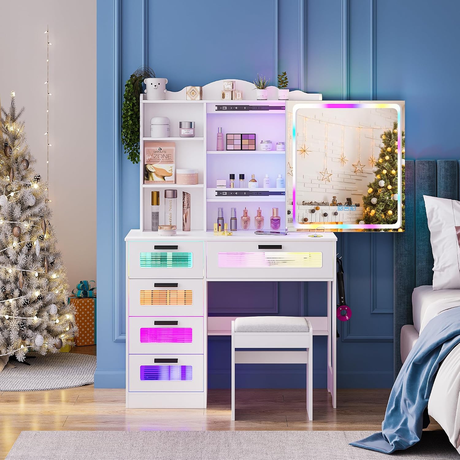 WOOVIVS Vanity with LED Mirror, 6 Drawer Dresser with Charging Station for Bedroom, Small Makeup Vanitys Table with RGB Light, Vanity Set with Chair,Jewelry Organizer for Girls-White