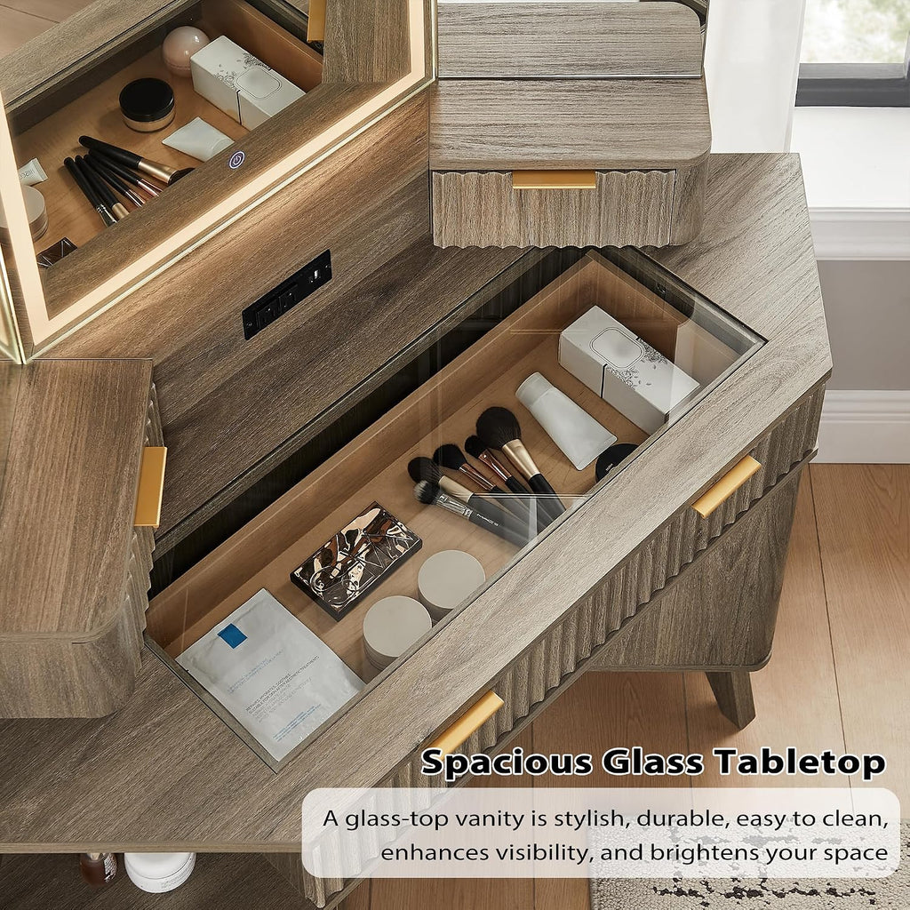 T4TREAM Fluted Makeup Vanity Desk with 3 Way Mirror and Lights, 48' Large Corner Vanity Table with Glass Top, Charging Station, 3 Drawers, Storage Cabinets & Shelves, for Bedroom, Grey Alder