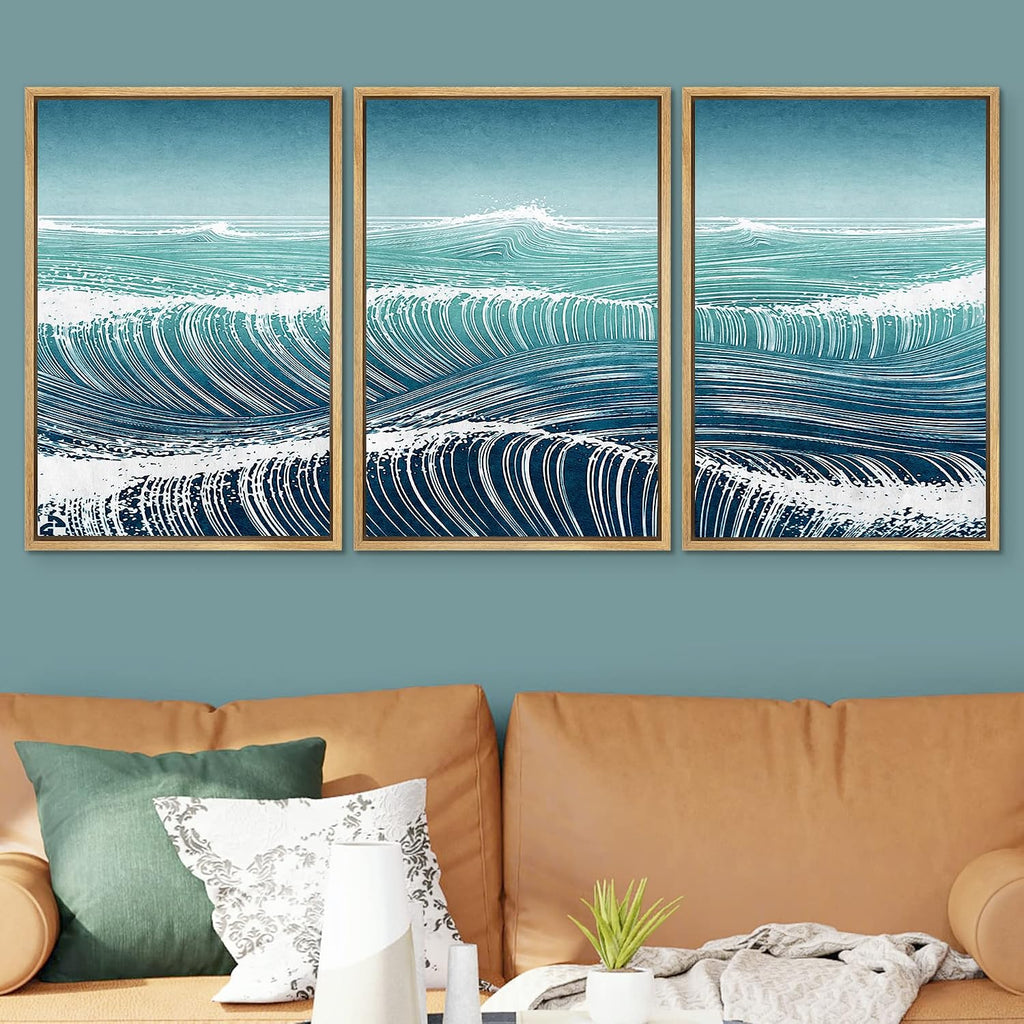 SIGNWIN Framed Canvas Print Wall Art Set Teal Blue Duotone Ocean Wave Sea Nature Wilderness Illustrations Modern Art Decorative Scenic Rustic Zen for Living Room, Bedroom, Office - 16'x24'x3 Natural
