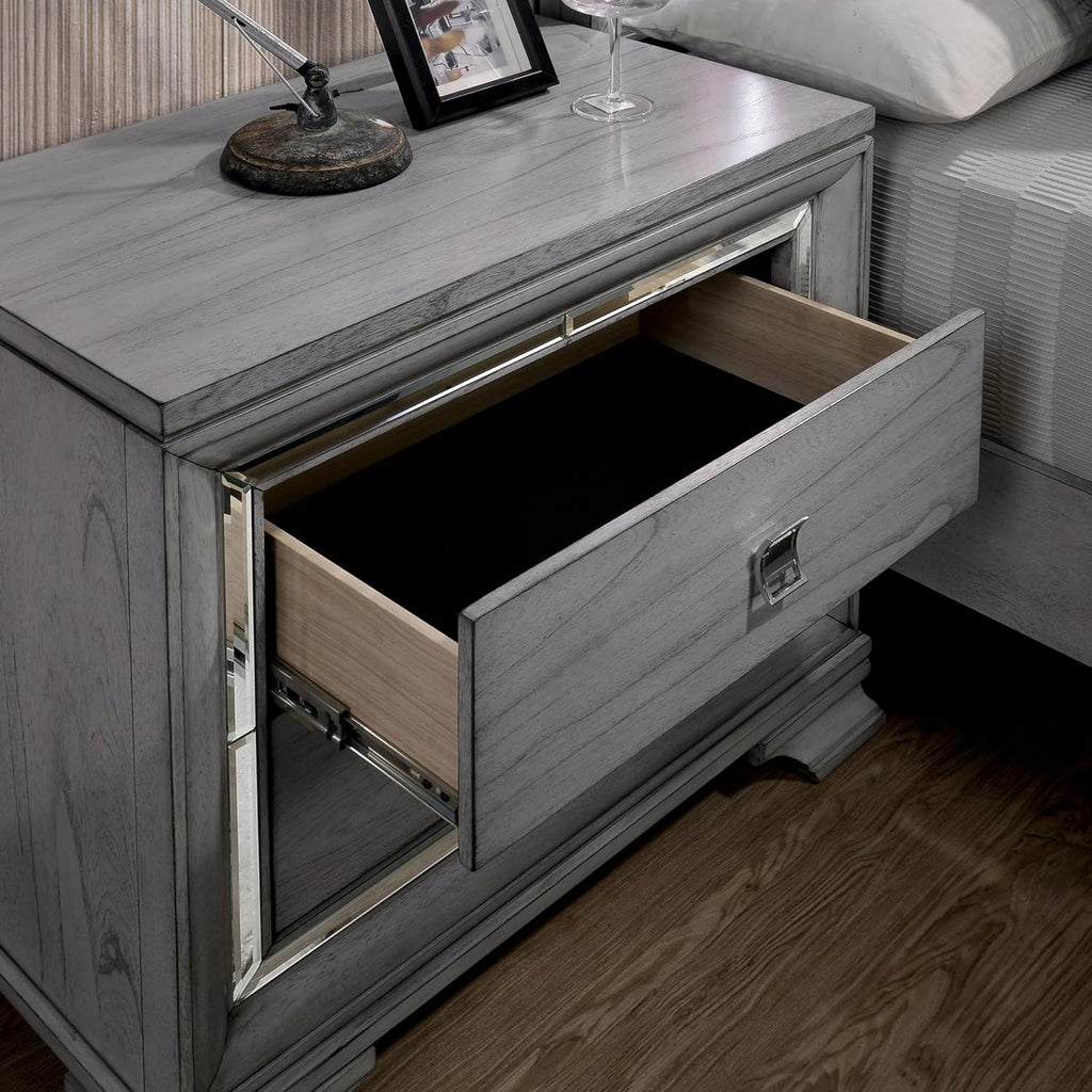 Furniture of America Zenka Solid Wood 2-Piece Bedroom Set, California King-Size Bed with LED Light Trim and 2-Drawer Nightstand, Box Spring Required, Light Gray
