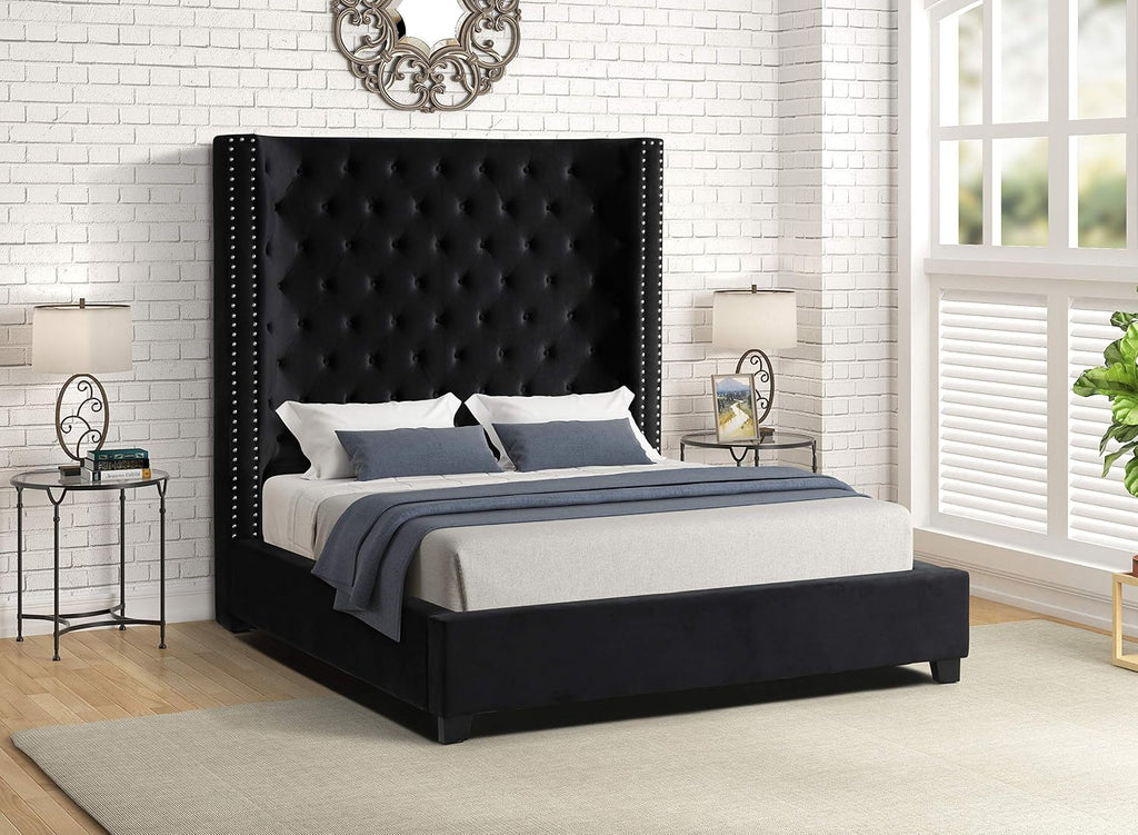 Jaclyn Velvet Transitional Upholstered Bed Frame with 70' Tall Straight Edge Headboard, Button Tufting and Nailhead Trim, Bedroom Furniture, (Black, Queen (U.S. Standard))