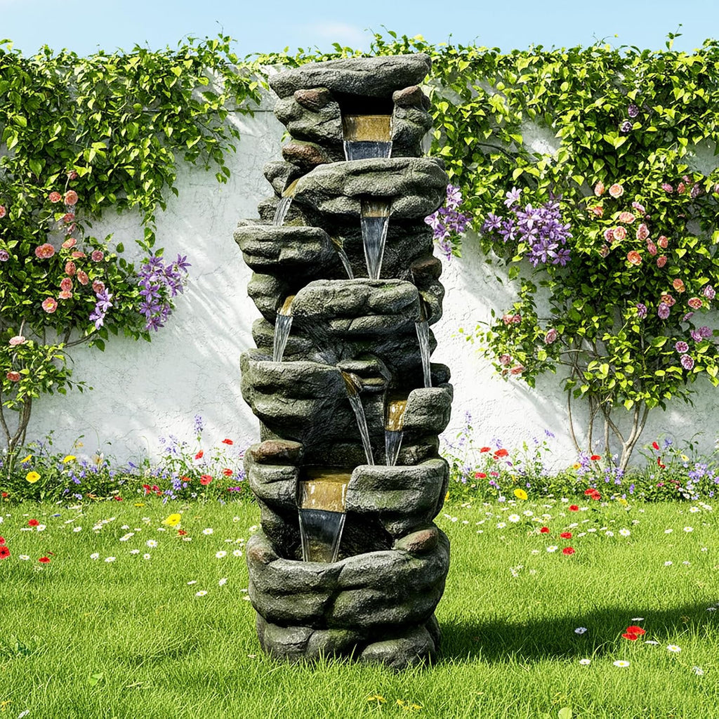 Naturefalls 51' Extra Large Outdoor Water Fountain - Waterfall Fountain with 7 LED Lights, 7-Tiers Cascading, Poly-Resin Indoor and Outdoor Fountain for Garden, Patio, Backyard, Lawn, Yard Decor